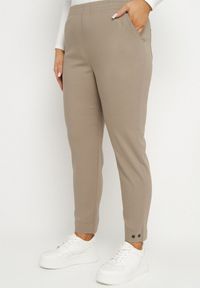 Born2be - Ciemnobeżowe Spodnie z Wiskozą z Gumką w Talii i Aplikacjami przy Nogawkach Stellorie. Okazja: na co dzień. Kolekcja: plus size. Kolor: beżowy. Materiał: wiskoza. Wzór: aplikacja. Styl: elegancki, casual