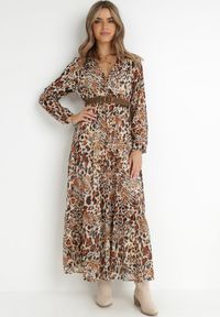 Born2be - Brązowo-Beżowa Sukienka Z Paskiem Phaenala. Kolor: brązowy. Materiał: zamsz. Wzór: motyw zwierzęcy, nadruk. Styl: klasyczny. Długość: maxi #2