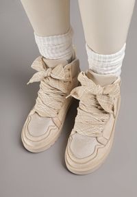 Born2be - Beżowe Sneakersy z Ozdobnymi Sznurówkami Eveslia. Okazja: na co dzień. Zapięcie: sznurówki. Kolor: beżowy. Materiał: jeans #7