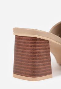 Renee - Ciemnobeżowe Eleganckie Klapki na Słupku z Otwartym Noskiem Kwadratowym Hippeis. Okazja: na co dzień. Nosek buta: otwarty. Kolor: beżowy. Materiał: jeans. Obcas: na słupku. Styl: elegancki. Wysokość obcasa: średni #3