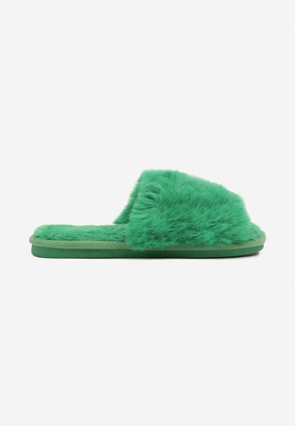 Born2be - Zielone Kapcie Vices z Miękkiego Futerka Seladwen. Okazja: na co dzień, do domu. Kolor: zielony. Materiał: futro. Obcas: na obcasie. Styl: elegancki, casual