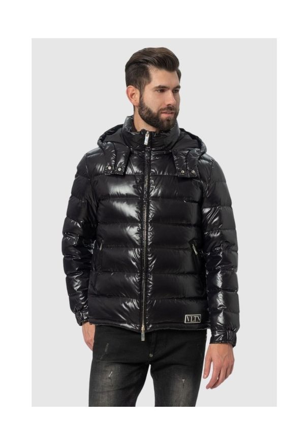 Valentino Garavani - VALENTINO GARAVANI Czarna kurtka puchowa męska z kapturem, Rozmiar 48. Typ kołnierza: kaptur. Kolor: czarny. Materiał: puch. Wzór: aplikacja