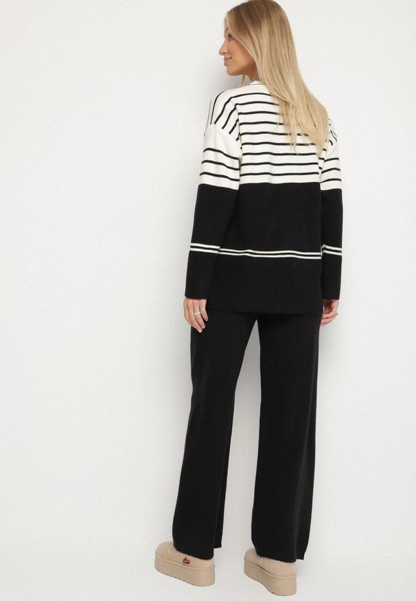 Born2be - Czarny Dzianinowy Komplet z Wełną Sweter w Paski i Spodnie Raleina. Kolor: czarny. Materiał: dzianina, wełna. Wzór: paski