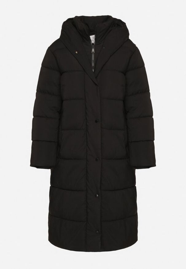 Born2be - Czarna Długa Pikowana Kurtka z Kapturem Acaltte. Typ kołnierza: kaptur. Kolekcja: plus size. Kolor: czarny. Materiał: jeans. Długość: długie. Sezon: zima. Styl: klasyczny