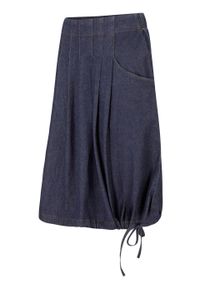 Spódnica dżinsowa ze stretchem, ze szczypankami, wiązanym troczkiem i wygodnym paskiem w talii bonprix ciemnoniebieski denim. Kolor: niebieski. Materiał: denim #1