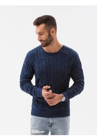 Ombre Clothing - Sweter męski z warkoczowym splotem E195 - ciemnoniebieski - XXL. Okazja: na co dzień. Kolor: niebieski. Materiał: jeans, bawełna, akryl. Wzór: ze splotem. Styl: casual, klasyczny, elegancki #4