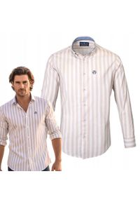 Biała, Lekko Taliowana Koszula Męska - Pako Jeans - Beżowy Prążek. Okazja: na co dzień. Kolor: brązowy, beżowy, wielokolorowy. Materiał: wiskoza, bawełna. Wzór: paski. Styl: casual #6