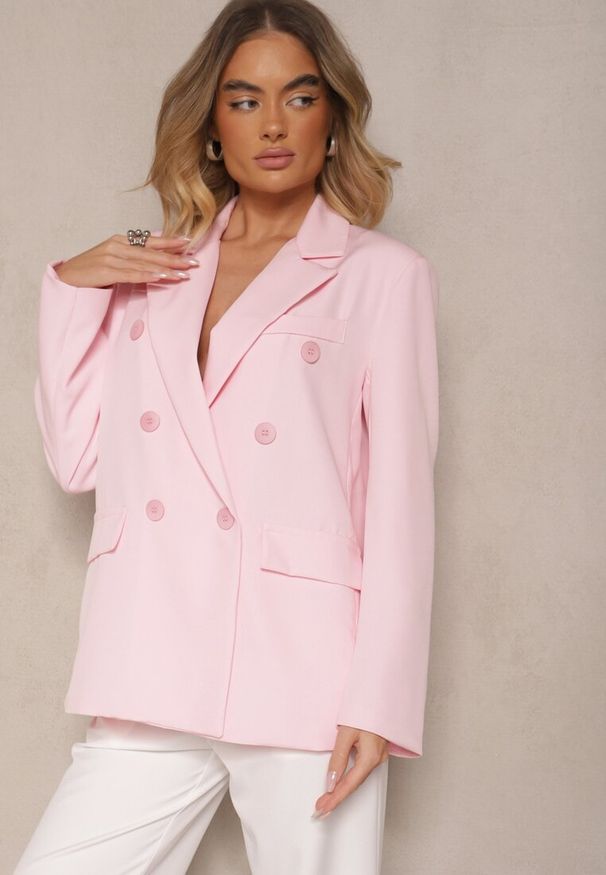 Renee - Różowa Marynarka Dwurzędowa z Usztywnionymi Ramionami Emivori. Okazja: na co dzień. Kolor: różowy. Materiał: jeans. Styl: elegancki, casual
