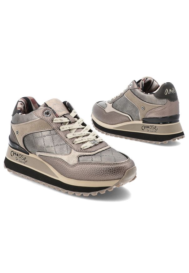 Sneakersy damskie Anekke, na grubej podeszwie z wzorami i ozdobami z okrągłym noskiem i sznurowane, metaliczne, 41380-447. Okazja: na co dzień. Nosek buta: okrągły. Kolor: brązowy. Materiał: materiał. Szerokość cholewki: normalna. Wzór: aplikacja, napisy. Styl: casual