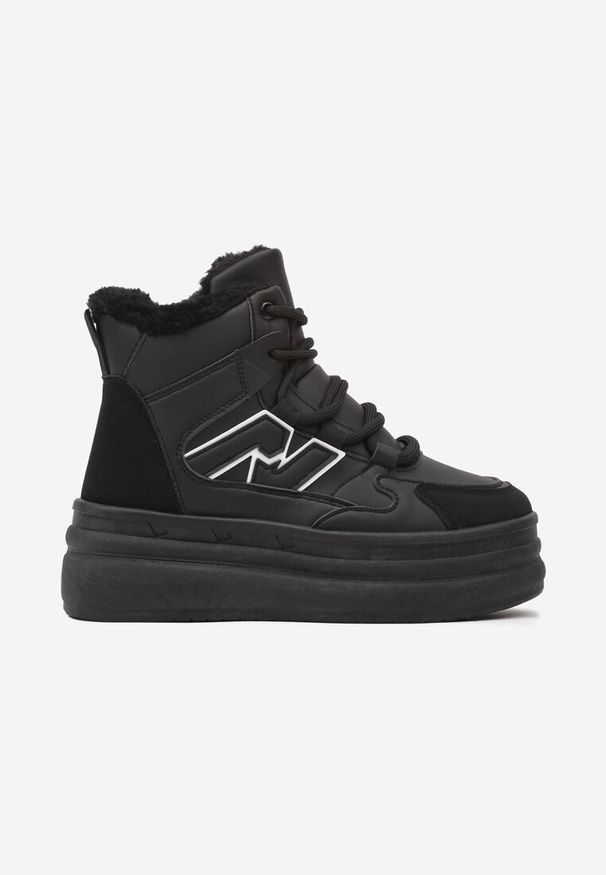 Born2be - Czarne Sneakersy na Grubej Podeszwie z Tłoczeniem Futerkiem i Geometryczną Wstawką Nealandra. Okazja: na spacer, na co dzień. Nosek buta: okrągły. Zapięcie: sznurówki, zamek. Kolor: czarny. Wzór: geometria. Materiał: futro. Sezon: zima, jesień. Obcas: na obcasie. Wysokość obcasa: średni. Sport: turystyka piesza