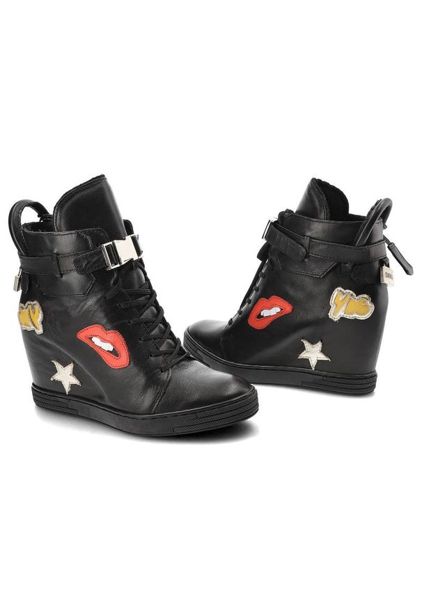 Czarne Sneakersy Simen Ocieplane Skórzane Buty. Okazja: na co dzień. Zapięcie: klamry. Kolor: czarny. Materiał: skóra. Wzór: aplikacja. Obcas: na koturnie