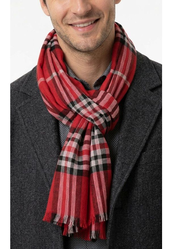 Lekki Przejściowy Szalik - V. Fraas - Czerwień w Kratkę. Kolor: czerwony. Materiał: poliester. Wzór: kratka. Sezon: wiosna, lato, jesień