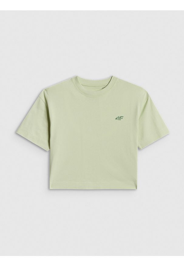 4f - 4F T-shirt loose gładki dziewczęcy - zielony 134/140 (8-10 lat). Okazja: na spacer, na co dzień, na uczelnię. Kolor: turkusowy. Materiał: dzianina, bawełna, skóra, materiał. Wzór: gładki. Sezon: lato. Styl: casual
