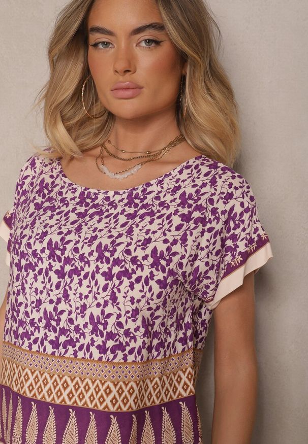 Renee - Fioletowy Komplet z Bawełny w Print Boho Szerokie Spodnie i Koszulka Telanitha. Kolor: fioletowy. Materiał: bawełna. Wzór: nadruk