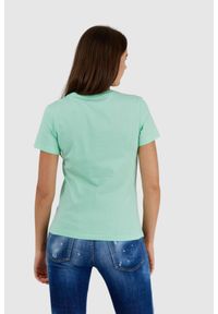 Guess - GUESS Zielony t-shirt damski z trójkątnym logo. Kolor: zielony. Materiał: bawełna. Wzór: nadruk