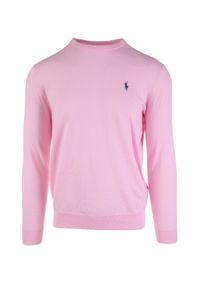 Ralph Lauren - RALPH LAUREN - Różowy sweter z bawełny z logo. Typ kołnierza: polo. Kolor: wielokolorowy, fioletowy, różowy. Materiał: bawełna. Długość: długie. Wzór: haft