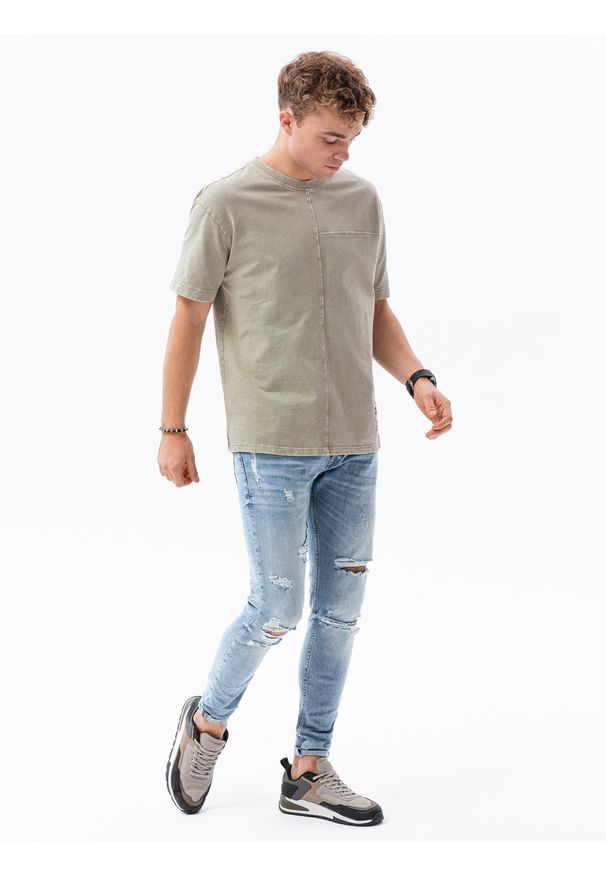 Ombre Clothing - T-shirt męski bawełniany S1379 - oliwkowy - XXL. Kolor: oliwkowy. Materiał: bawełna. Długość: krótkie. Wzór: geometria