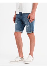 Ombre Clothing - Krótkie męskie spodenki jeansowe z przetarciami i podwiniętą nogawką – niebieskie V2 OM-SRDS-0186 - XXL. Okazja: na co dzień. Kolor: niebieski. Materiał: jeans. Długość: krótkie. Wzór: aplikacja. Sezon: lato. Styl: casual #8