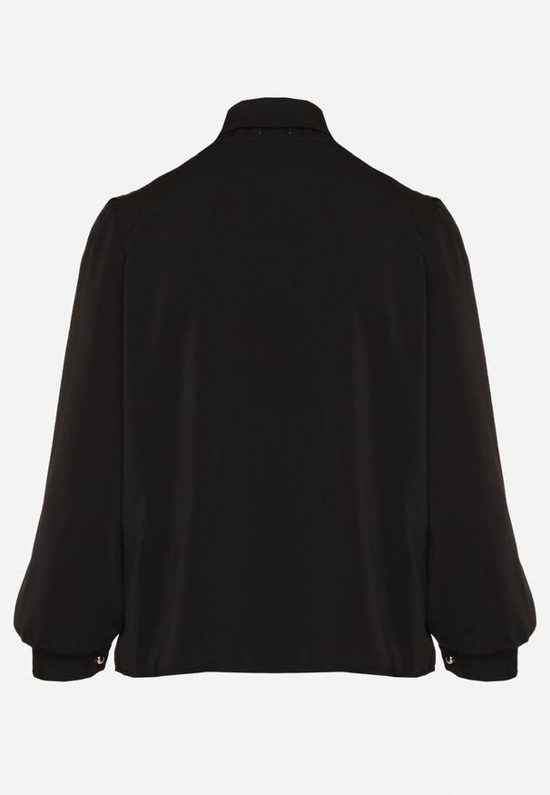 Born2be - Czarna Bluzka Koszulowa z Ozdobnym Żabotem z Perłami Gonadia. Okazja: na co dzień. Typ kołnierza: z żabotem. Kolor: czarny. Materiał: jeans. Długość rękawa: długi rękaw. Długość: długie. Styl: casual