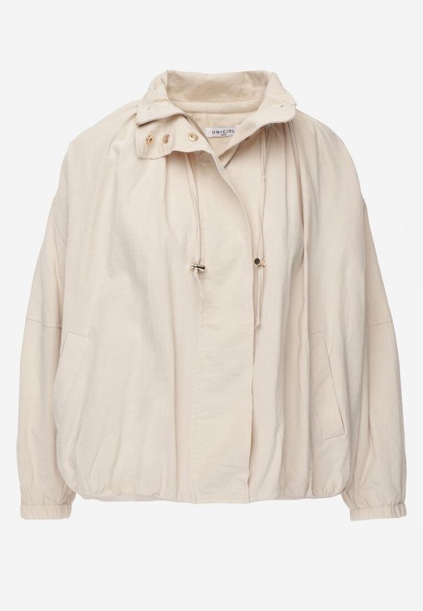 Renee - Beżowa Oversizowa Kurtka Przejściowa o Kroju Bombki z Bawełny i Wiskozy Birana. Okazja: na co dzień. Typ kołnierza: kaptur. Kolor: beżowy. Materiał: wiskoza, bawełna. Styl: casual