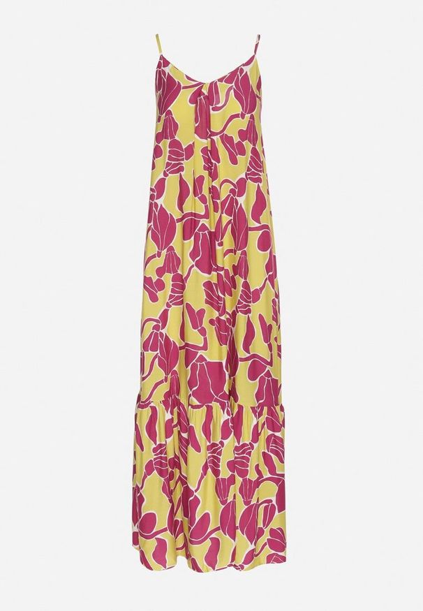 Born2be - Jasnozielona Rozkloszowana Sukienka na Ramiączkach z Wiskozowej Tkaniny w Kwiaty Sepelvia. Okazja: na co dzień. Typ kołnierza: dekolt w kształcie V. Kolor: zielony. Materiał: wiskoza, tkanina. Długość rękawa: na ramiączkach. Wzór: kwiaty. Sezon: lato. Styl: casual, elegancki