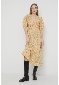 Notes du Nord sukienka bawełniana kolor żółty midi rozkloszowana. Kolor: żółty. Materiał: bawełna. Długość rękawa: krótki rękaw. Typ sukienki: rozkloszowane. Długość: midi