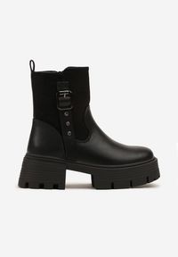 Renee - Czarne Botki Zimowe na Platformie z Klamrą i Cyrkoniami Tulissa. Okazja: na co dzień. Zapięcie: klamry. Kolor: czarny. Materiał: jeans. Sezon: zima. Obcas: na platformie. Styl: casual, elegancki. Wysokość obcasa: średni #4