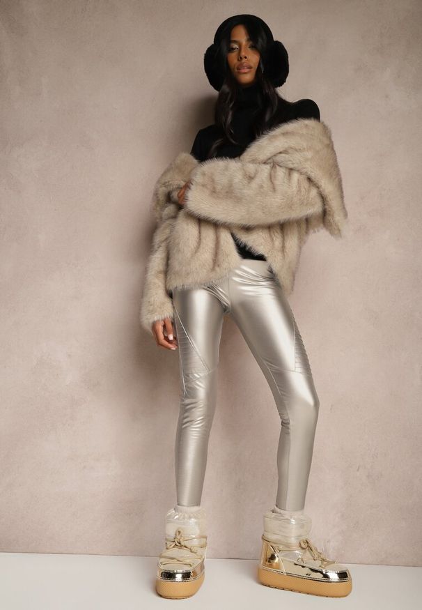 Renee - Srebrne Spodnie z Ekoskóry Skinny High Waist Ocieplane Polarową Wyściółką Lavimi. Okazja: na co dzień, na spacer. Stan: podwyższony. Kolor: srebrny. Materiał: polar. Wzór: aplikacja. Styl: casual, elegancki