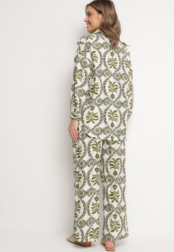 Born2be - Zielony Komplet z Wiskozą Koszula i Spodnie z Gumką w Pasie z Roślinnym Motywem Diviren. Kolor: zielony. Materiał: wiskoza