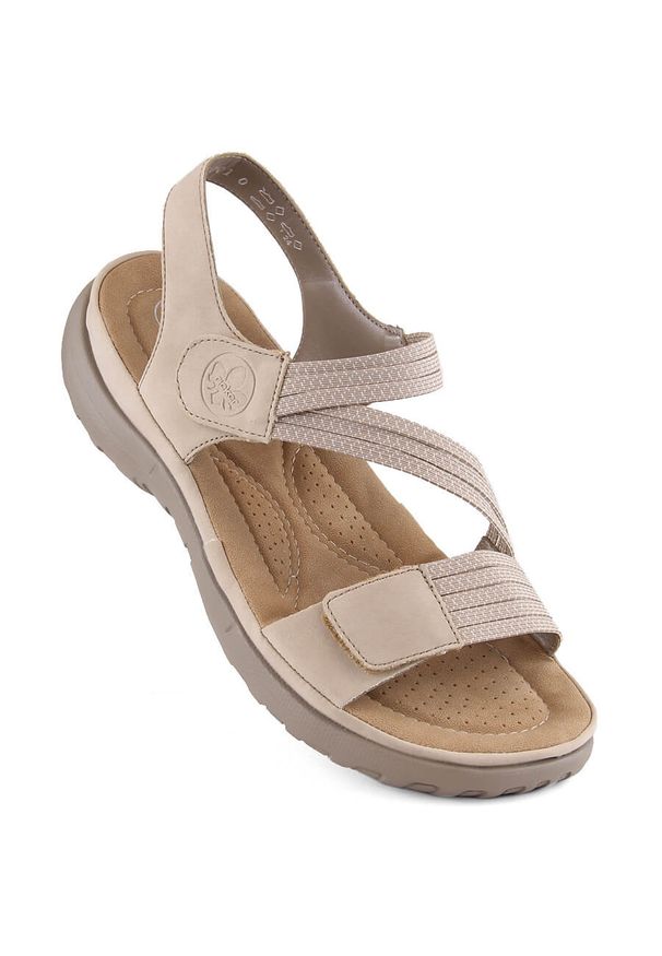 Komfortowe sandały damskie na rzepy z gumkami beżowe Rieker 64870-62. Zapięcie: rzepy. Kolor: beżowy. Materiał: skóra ekologiczna