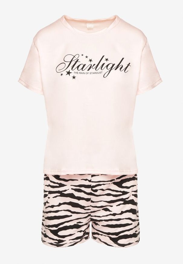 Renee - Beżowy Komplet Piżamowy z Bawełny T-shirt i Szorty z Motywem Zebry Milaria. Kolor: beżowy. Materiał: bawełna. Wzór: motyw zwierzęcy