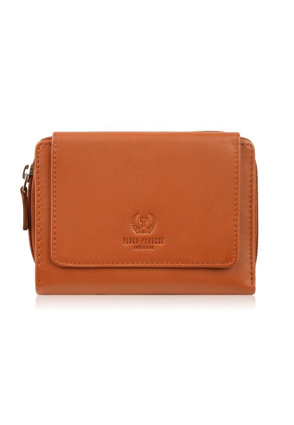 PAOLO PERUZZI - Portfel damski skórzany pomarańczowy duży w orientacji poziomej z RFID Paolo Peruzzi SL-07-OR. Kolor: pomarańczowy. Materiał: skóra
