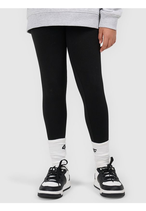 4f - 4F Legginsy dzianinowe dziewczęce - czarne 146 (10-11 lat). Okazja: na spacer, na co dzień, na uczelnię. Stan: podwyższony. Kolor: czarny. Materiał: dzianina. Sezon: lato. Styl: casual