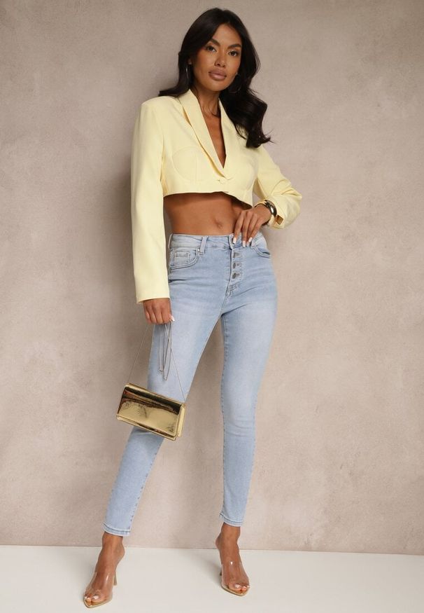Renee - Jasnoniebieskie Jeansy Skinny z Bawełną High Waist Ozdobione Guzikami Felariel. Stan: podwyższony. Kolor: niebieski. Wzór: aplikacja
