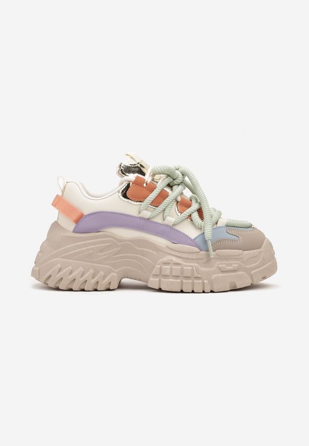 Renee - Ciemnobeżowe Sneakersy na Koturnie ze Żłobieniami z Podwójnymi Sznurówkami Avalea. Okazja: na spacer, na co dzień. Zapięcie: sznurówki. Kolor: beżowy. Materiał: dzianina, jeans. Obcas: na koturnie. Wysokość obcasa: średni. Sport: turystyka piesza