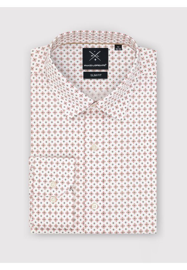 Pako Lorente - PAKO LORENTE – Biała koszula w mikrowzór. Typ kołnierza: kołnierzyk klasyczny. Kolor: biały. Materiał: bawełna, elastan. Długość rękawa: długi rękaw. Długość: długie. Styl: klasyczny