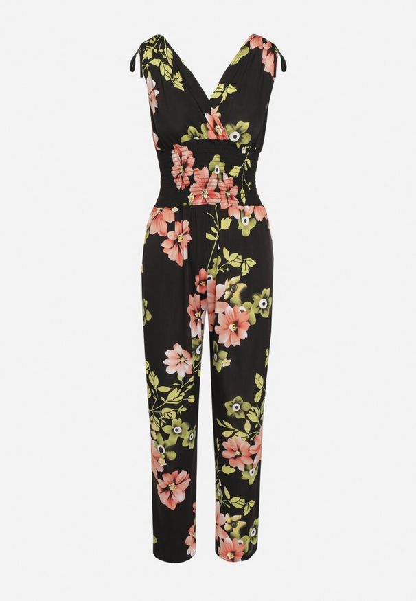 Born2be - Czarny Kombinezon w Kwiaty z Trójkątnym Dekoltem i Troczkami na Ramionach Benan. Okazja: na co dzień. Kolor: czarny. Wzór: kwiaty. Styl: elegancki, casual