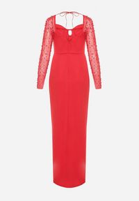 Born2be - Czerwona Sukienka z Dekoltem Caro i Siateczkowymi Rękawami z Perełkami Inelara. Kolor: czerwony. Wzór: aplikacja #4