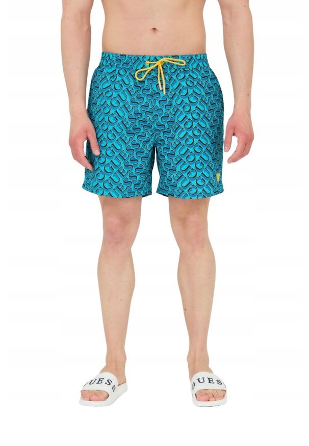 Guess - GUESS Męskie szorty kąpielowe niebiesko-granatowe, Rozmiar L. Kolor: wielokolorowy. Materiał: poliester