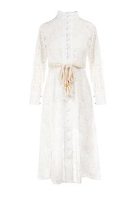 Born2be - Biała Sukienka Eudoreia. Typ kołnierza: kołnierzyk stójkowy. Kolor: biały. Wzór: aplikacja, ażurowy. Typ sukienki: rozkloszowane. Materiał: koronka, bawełna, materiał. Długość rękawa: długi rękaw. Sezon: lato. Styl: boho, elegancki. Długość: midi #2