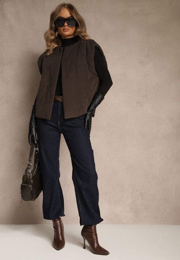 Renee - Brązowa Sztruksowa Kamizelka z Bawełny Bez Zapięć Tisanna. Okazja: na co dzień. Kolor: brązowy. Materiał: sztruks, bawełna. Styl: klasyczny, casual, elegancki