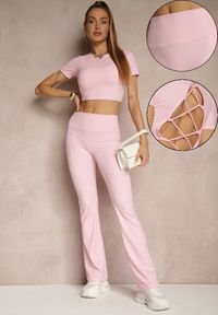 Renee - Różowy Komplet Sportowy Spodnie i Koszulka Ozdobiona Sznurowaniem Lumileine. Kolor: różowy. Wzór: aplikacja #1