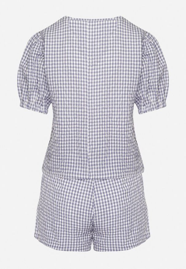 Born2be - Niebieski Komplet Bluzka z Bufiastymi Rękawami Wiązana z Przodu Szorty z Gumką w Pasie Ruthcella. Kolor: niebieski. Materiał: materiał