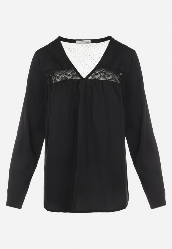 Born2be - Czarna Bluzka z Haftem Destyn. Kolor: czarny. Materiał: tiul, koronka. Długość rękawa: długi rękaw. Długość: długie. Wzór: haft