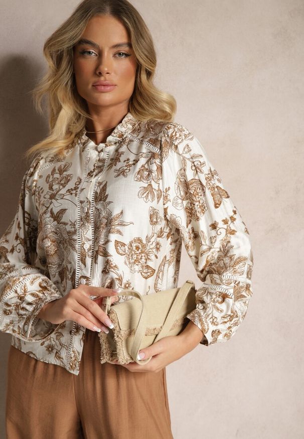 Renee - Beżowa Wiskozowa Koszula w Kwiatowy Print z Bufiastymi Rękawami Hanistrae. Okazja: na co dzień. Typ kołnierza: kołnierzyk stójkowy. Kolor: beżowy. Materiał: wiskoza. Wzór: kwiaty, nadruk. Sezon: lato, wiosna. Styl: casual, elegancki