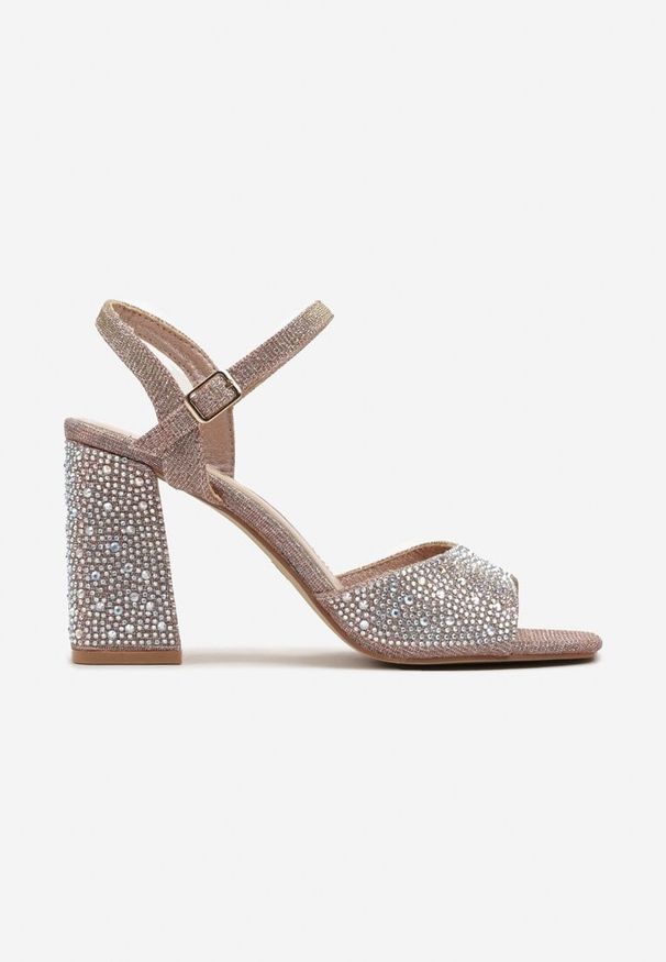 Renee - Szampańskie Brokatowe Sandały na Słupku Zylane. Kolor: złoty. Obcas: na słupku. Styl: glamour