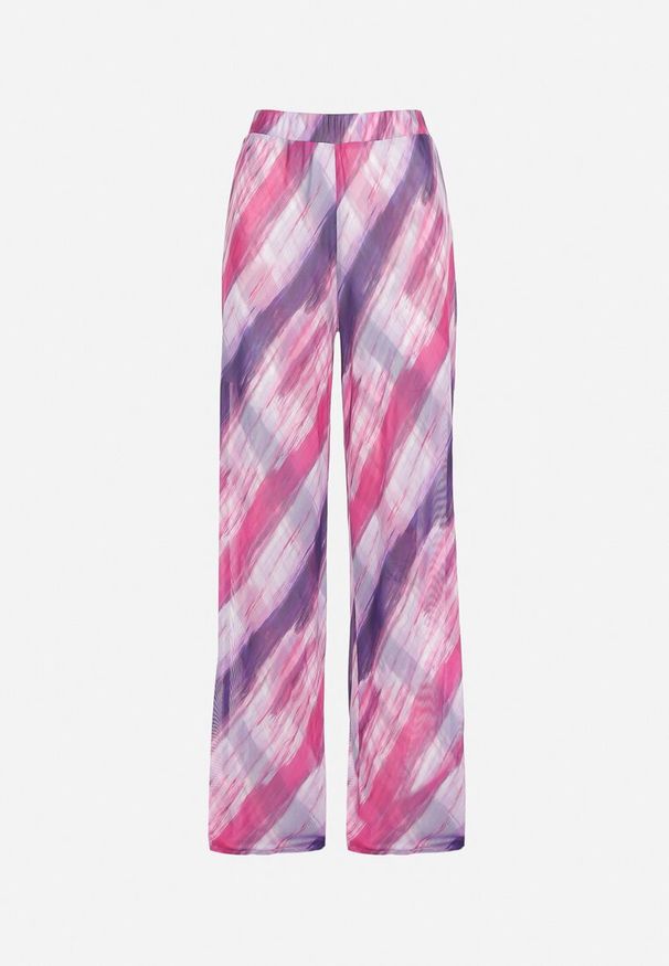 Born2be - Fuksjowe Szerokie Spodnie z Siateczki w Abstrakcyjny Wzór Andiara. Kolor: różowy
