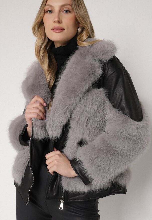 Born2be - Szara Kurtka Ramoneska z Futrzanymi Wstawkami Seore. Okazja: na co dzień. Kolor: szary. Materiał: futro. Styl: casual, elegancki, klasyczny