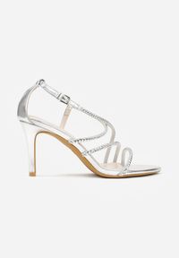 Born2be - Srebrne Sandały na Szpilce Ozdobione Cyrkoniami Thelmia. Okazja: na co dzień. Zapięcie: sprzączka. Kolor: srebrny. Materiał: jeans. Wzór: aplikacja. Obcas: na szpilce. Styl: klasyczny, casual, elegancki #4