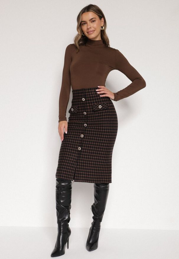 Born2be - Czarna Ołówkowa Tweedowa Spódnica w Kraciasty Wzór z Guzikami Anitusa. Okazja: na co dzień. Kolor: czarny. Materiał: jeans. Styl: casual, elegancki, klasyczny